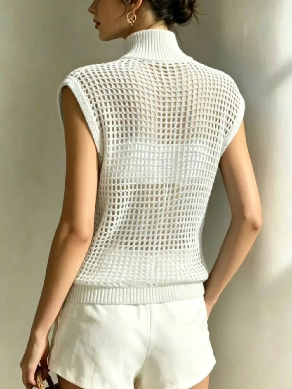 White Casual Women's Slimming Hollow High Neck Zipper Cardigan